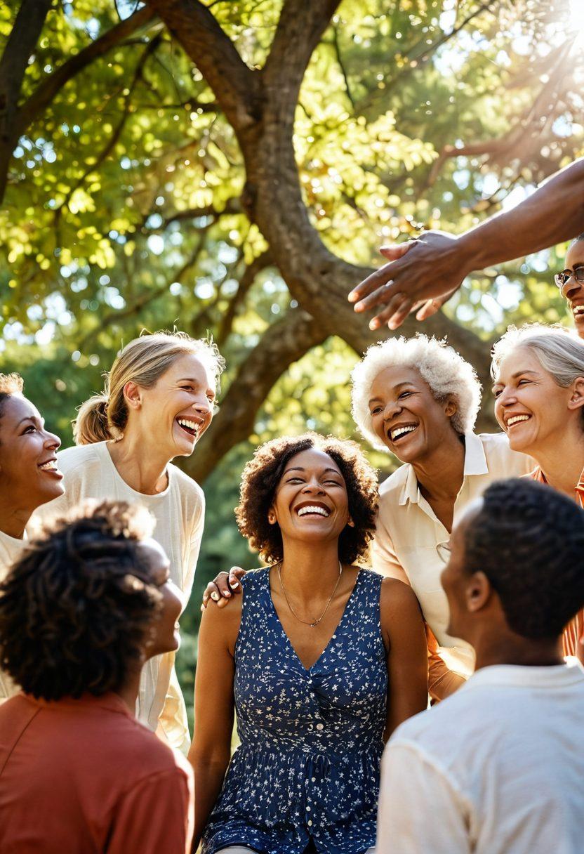 A diverse group of people of various ages and backgrounds laughing and engaging in a circle, with warm sunlight filtering through trees, symbolizing connection and support. Include elements of nature like flowers and birds to enhance the joyful atmosphere. Capture a sense of togetherness through body language and facial expressions. soft focus. vibrant colors. natural setting.