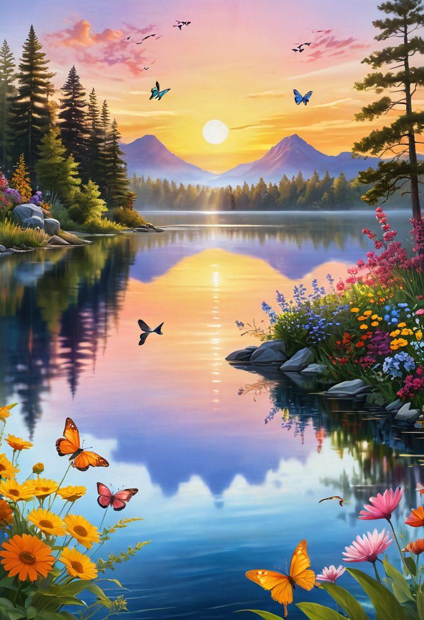 A serene landscape featuring a radiant sun rising over a tranquil lake, with vibrant flowers blooming in the foreground, and individuals engaging in joyful activities like yoga and laughter. Soft, warm colors to evoke a sense of peace and happiness, adding whimsical butterflies fluttering around. super-realistic. vibrant colors. peaceful nature setting.