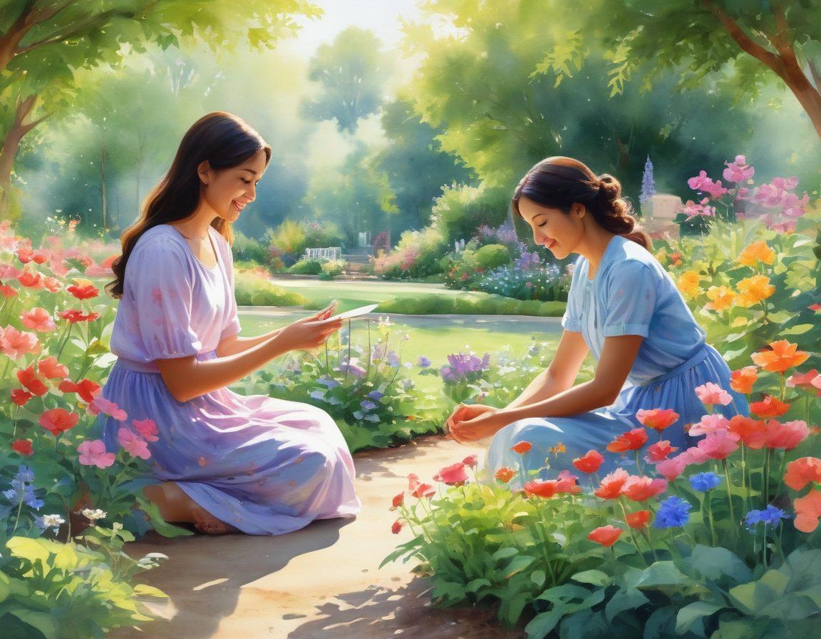 A serene garden scene with diverse people joyfully interacting, planting flowers, and nurturing a vibrant community space. Soft sunlight filters through lush greenery, creating a warm atmosphere. Include symbols of emotional well-being like hearts and smiles subtly integrated into the landscape. Elements of nature such as blooming flowers and butterflies should enhance the peaceful ambiance. watercolor art style. vibrant colors.